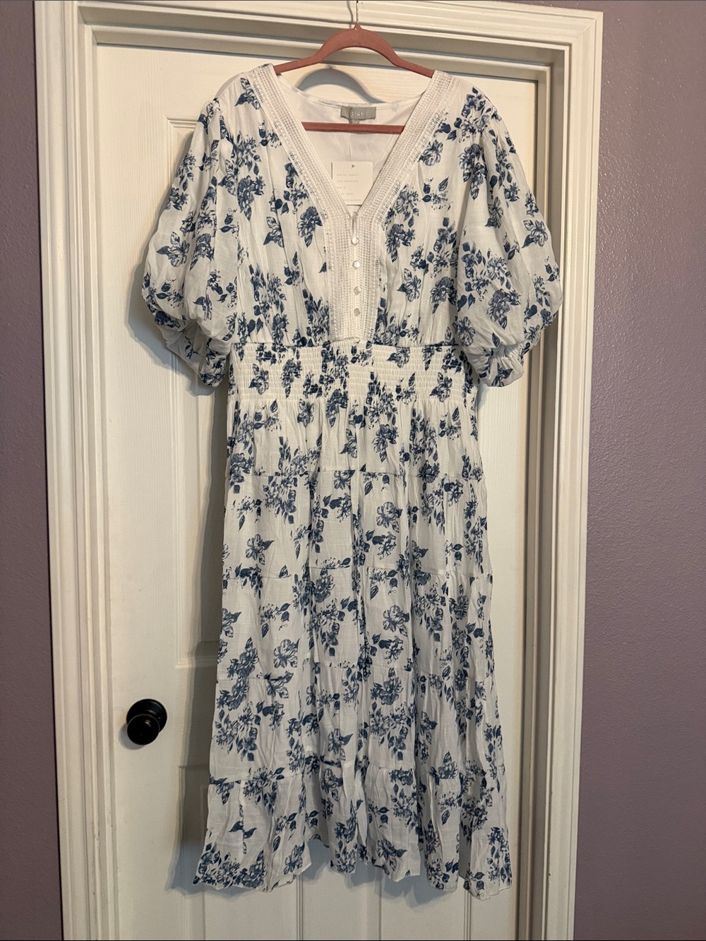 White and Blue Floral Maxi Dress with Smocked Waist